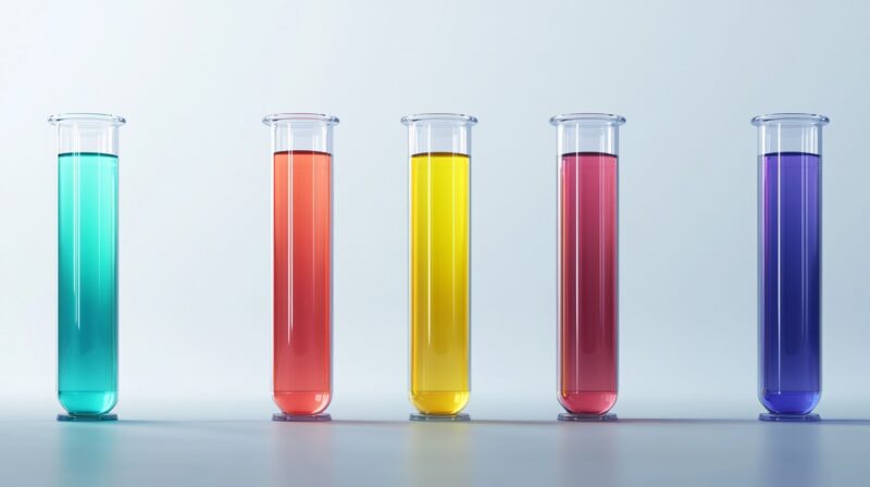 Five test tubes filled with colorful liquids—cyan, orange, yellow, red, and purple—are neatly arranged in a row on a clean, light background, symbolizing laboratory analysis or experiments