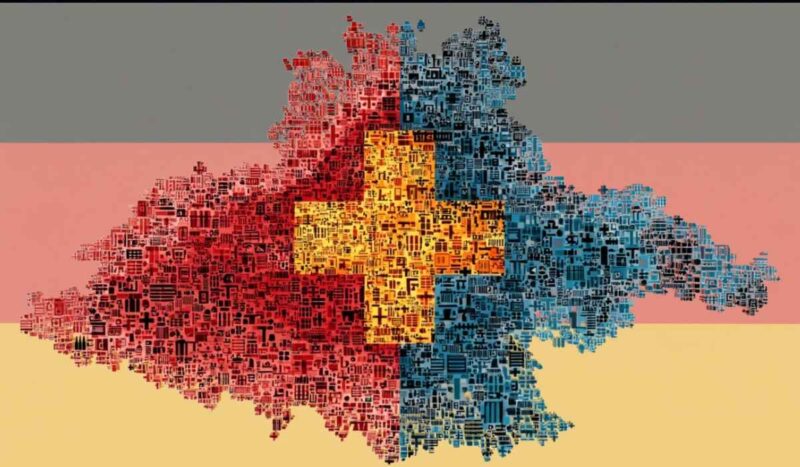 A stylized map of Germany split into red and blue halves with a yellow medical cross in the center, overlaid on the German flag