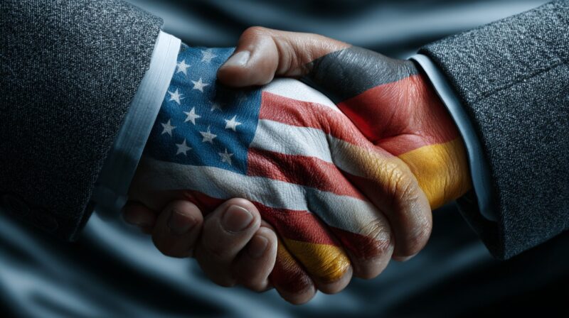 Two hands shaking, one painted with the American flag and the other with the German flag, symbolizing international tax agreements