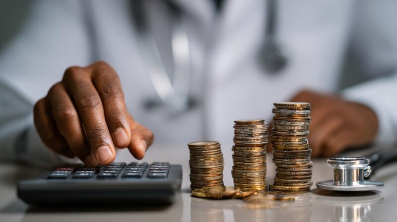 Close-up of a doctor using a calculator beside stacks of coins and a stethoscope, symbolizing healthcare cost calculation