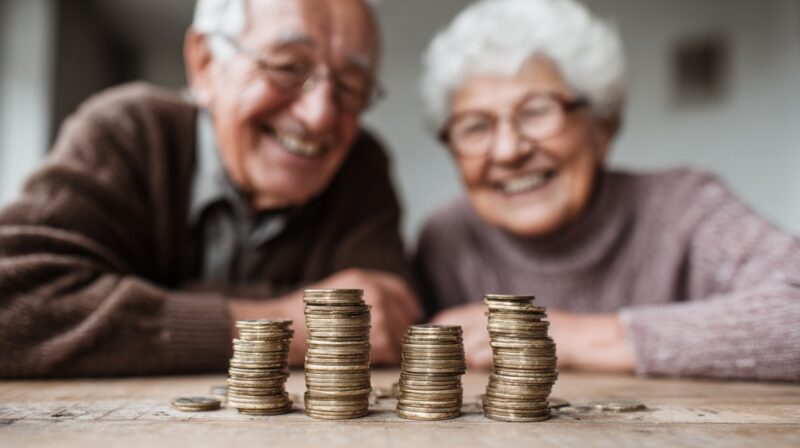 Elderly couple smiling behind stacked coins on a table, representing financial planning for retirement