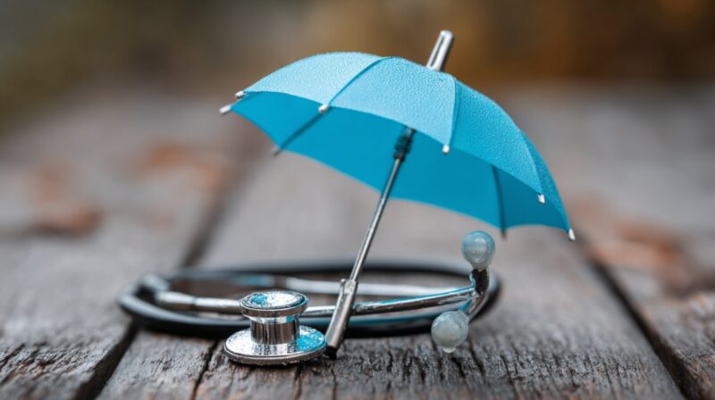 Stethoscope partially covered by a small blue umbrella on a wooden surface, symbolizing health protection