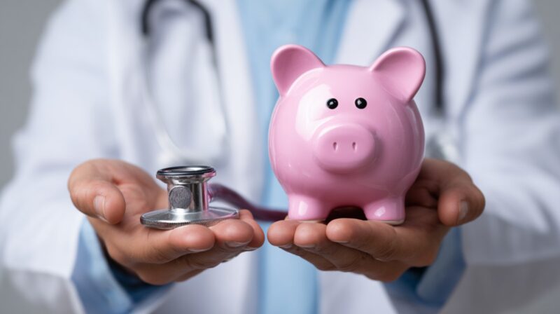 Doctor holding a stethoscope in one hand and a pink piggy bank in the other, symbolizing healthcare costs