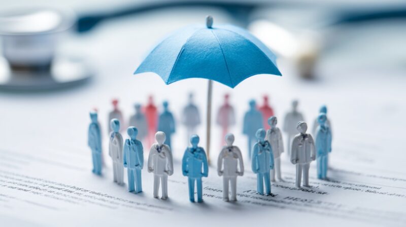 Miniature medical figures standing under a blue umbrella, symbolizing health insurance coverage in retirement