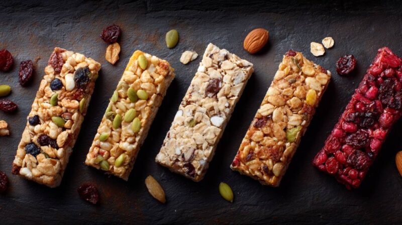 Assortment of granola and cereal bars with nuts, seeds, and dried fruit