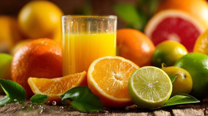 Glass of citrus juice surrounded by oranges, lemons, limes, and grapefruit