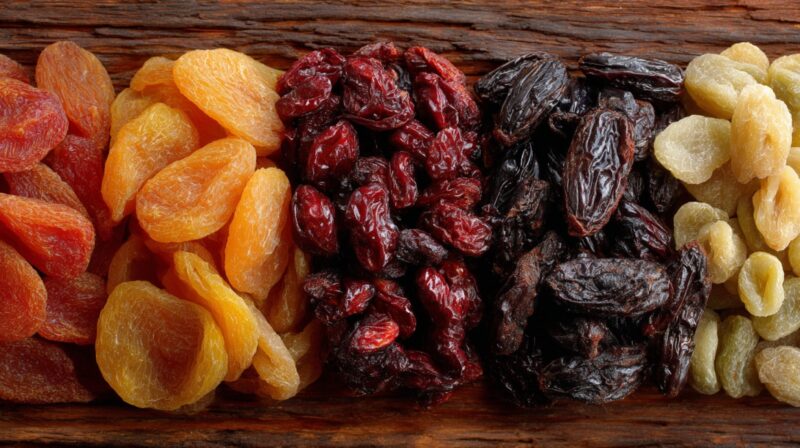 Assortment of dried fruits including apricots, cranberries, raisins, and golden raisins