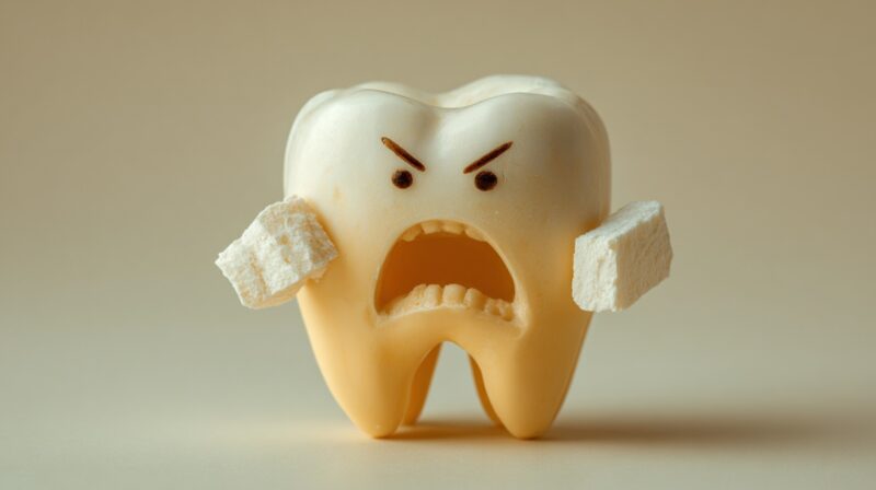 Illustration of an angry tooth surrounded by sugar cubes symbolizing tooth damage from sugary foods