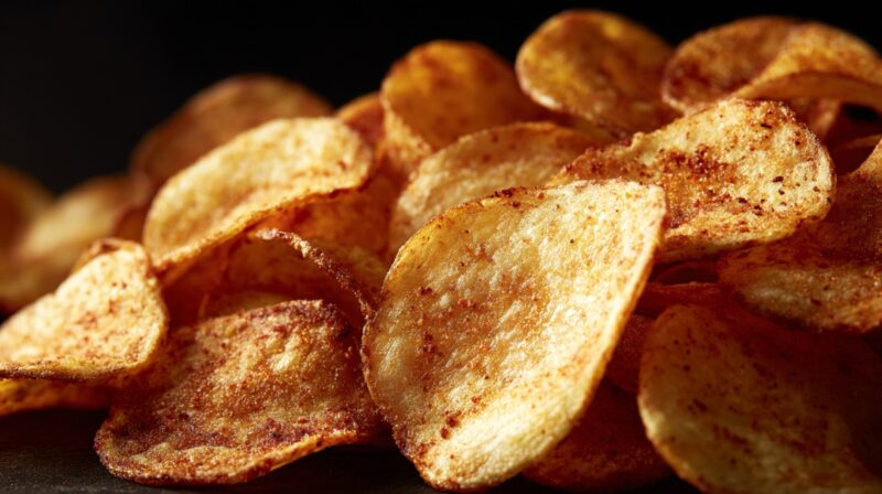 Close-up of crispy potato chips that can contribute to tooth damage