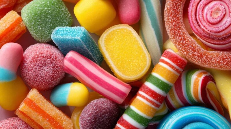 Close-up of colorful sticky and chewy candies coated in sugar