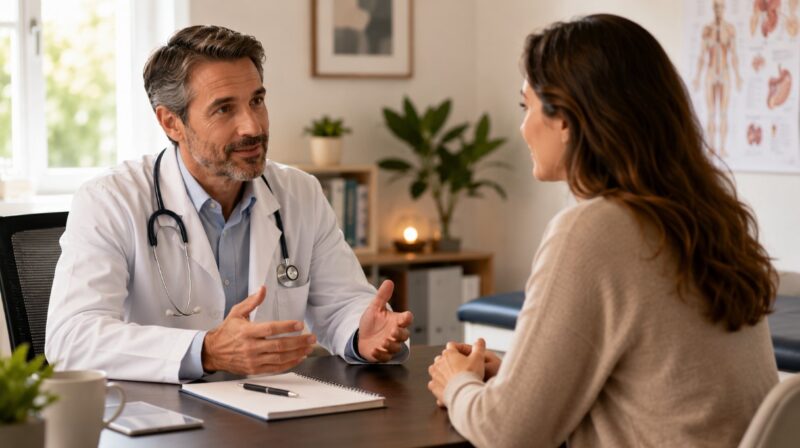 Doctor having an attentive, unhurried conversation with a patient in a modern medical office.
