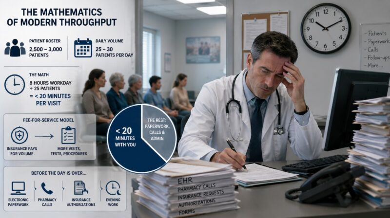 Overworked primary care doctor completing paperwork while patients wait in a busy clinic, illustrating limited appointment time and high patient volume.