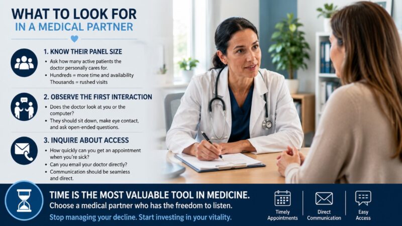 Doctor listening attentively to a patient during a personal consultation, with guidance on panel size, appointment access, and direct communication.